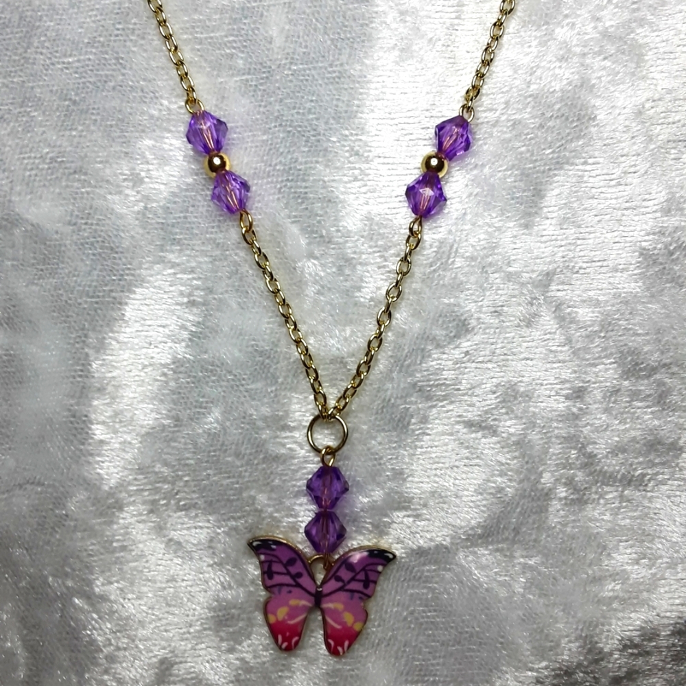 Handmade Butterfly Necklace Pink Purple 21" Long Chain